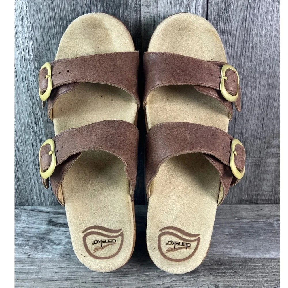 Dansko Brown Leather Two Strap Buckle Wedge Slide Sandals Clogs Size 39